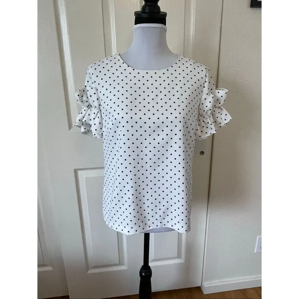 Banana Republic Polka Dot Ruffle Puff Sleeve Shirt Black And White Size Petite M